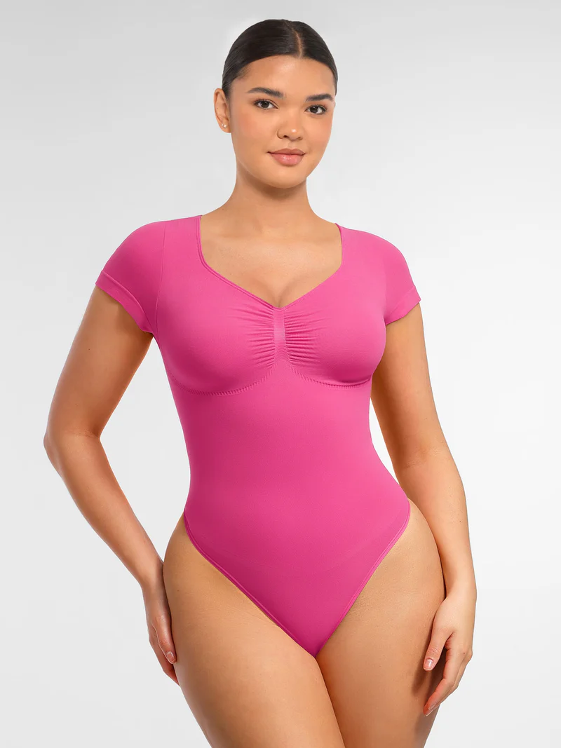 Vestra Women’s Seamless V-Neck Bodysuit – Short Sleeve Tummy Control Thong Shapewear Top