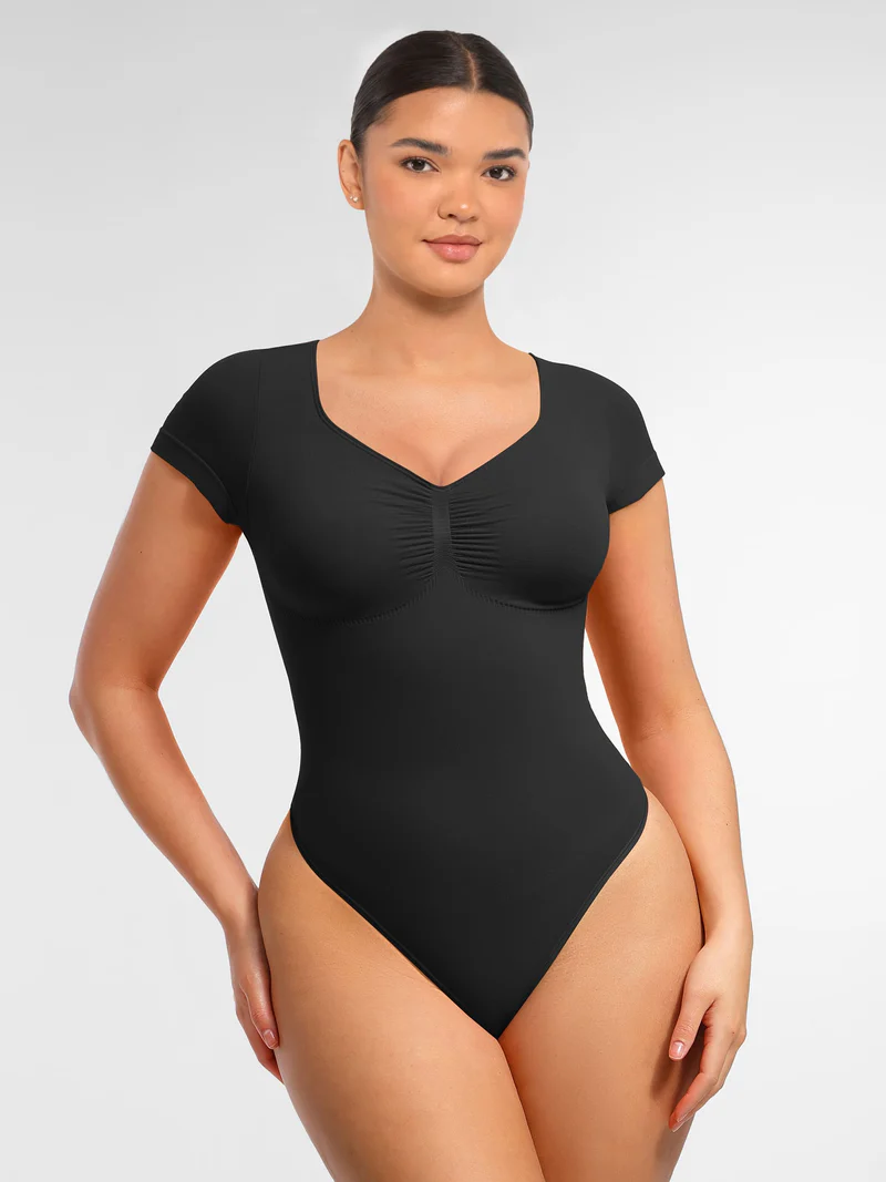 Vestra Women’s Seamless V-Neck Bodysuit – Short Sleeve Tummy Control Thong Shapewear Top