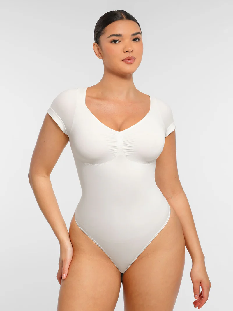 Vestra Women’s Seamless V-Neck Bodysuit – Short Sleeve Tummy Control Thong Shapewear Top
