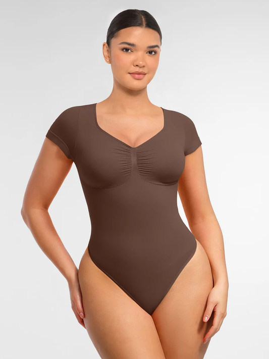 Vestra Women’s Seamless V-Neck Bodysuit – Short Sleeve Tummy Control Thong Shapewear Top